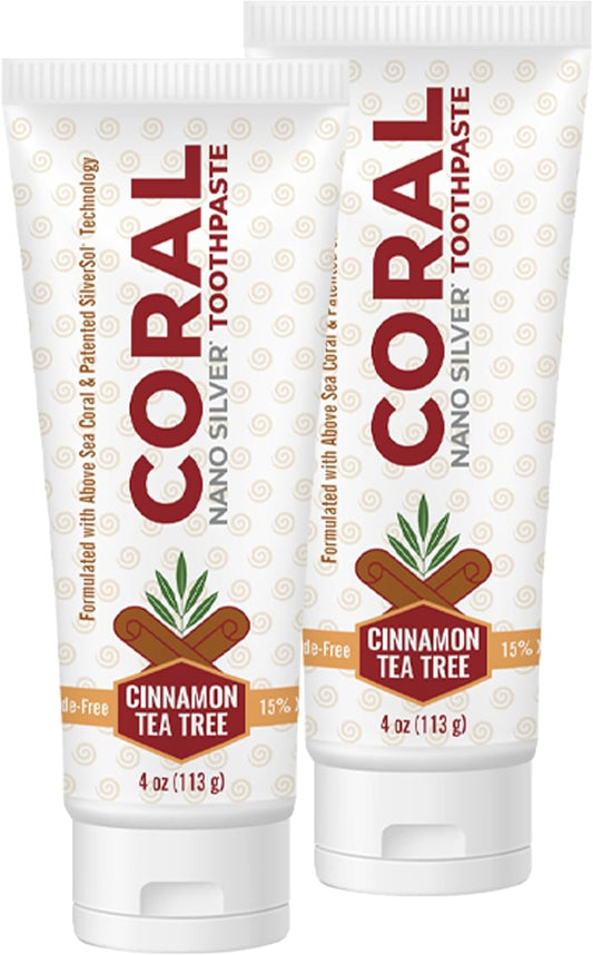 Coral Nano Silver Cinnamon Tea Tree Toothpaste, Natural Fluoride Free Teeth Whitening Toothpaste, Coral Calcium Nano Silver Infused SLS Free 4 Ounce