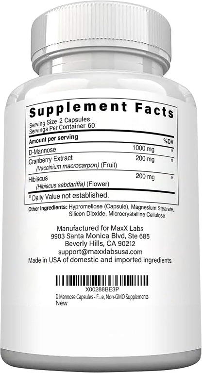 D Mannose Capsules - Fast Acting 1400 MG Extra Strength DMannose Capsule for Bladder Health with Potent Cranberry Extract & Hibiscus Flower Supports UTI Relief Supplement - 120 Ct