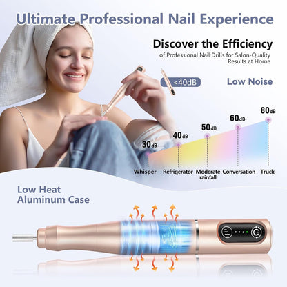 Cordless Nail Drill Electric Rechargeable File Kit, Professional Efile Acrylic Gel Nail Polish Remover Pedicure Manicure Machine Portable Set with 11 Bits 56 Sanding Bands for Salon Home (Gold)