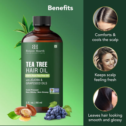 Botanic Hearth 100% Pure Tea Tree Oil (2 Fl Oz) | With Jojoba & Grapeseed Oils | Soothes Itchy Scalp & Fights Dandruff | Hair Oil Repairs Dry Damaged Hair, Strengthening, Healthier Hair- Hair Tonic
