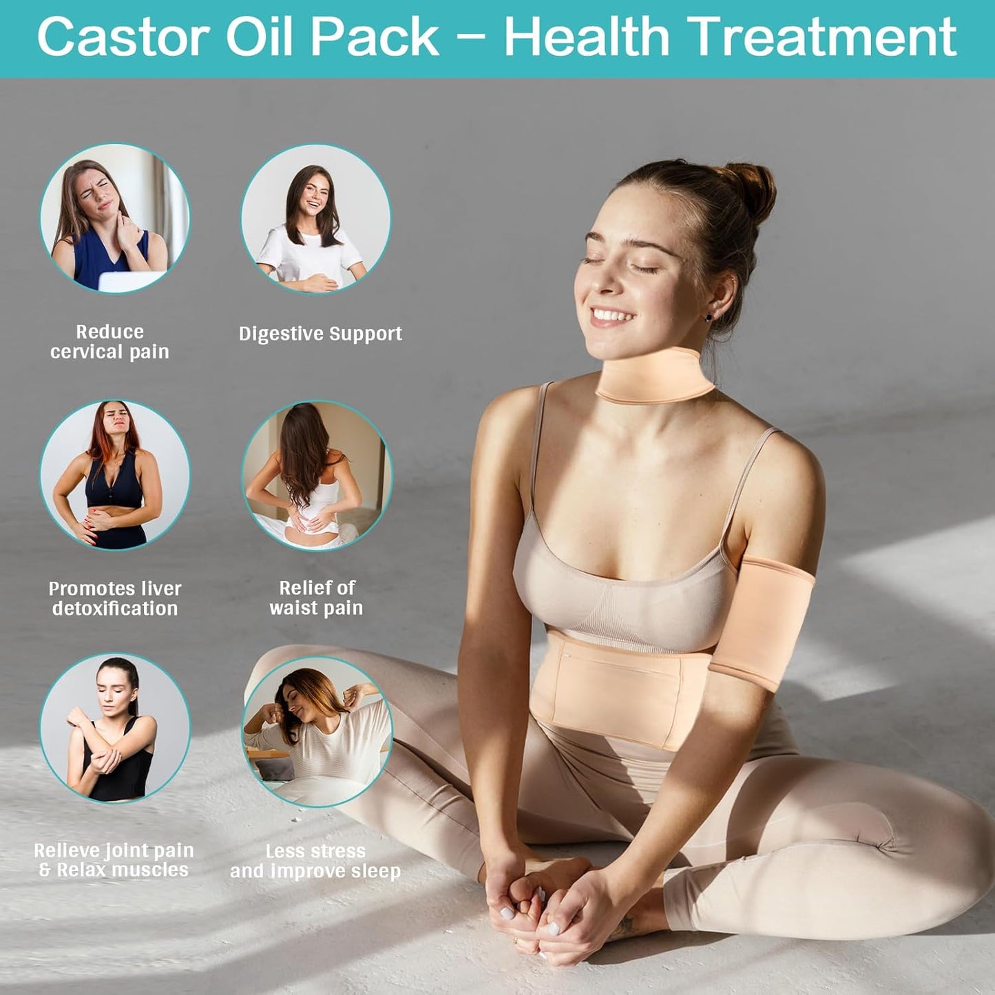 5 Pcs Castor Oil Wrap, Adjustable Elastic Organic Castor Oil Packs for Belly Waist Neck Knee,Castor oil Pack Wrap Pads for Liver Detox Blood Circulation Women Men Christmas Gifts