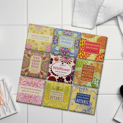 French Milled Botanical Soap Sampler Set of 9 - Individually Wrapped Vegetable-Based Mini Soaps with Essential Oils, Shea Butter, and Natural Extracts (Floral Favorites - White Box)