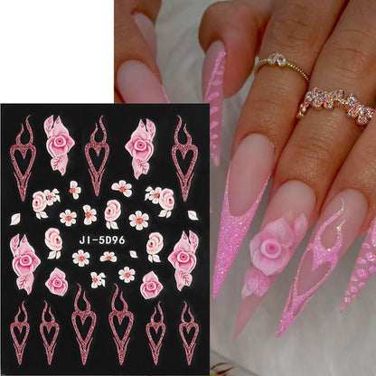 5D Embossed White Flowers Nail Stickers, 5 Sheets Self-Adhesive Floral Nail Decals, Spring Rose Butterfly Nail Art, 3D Acrylic Flowers for Manicure Decor