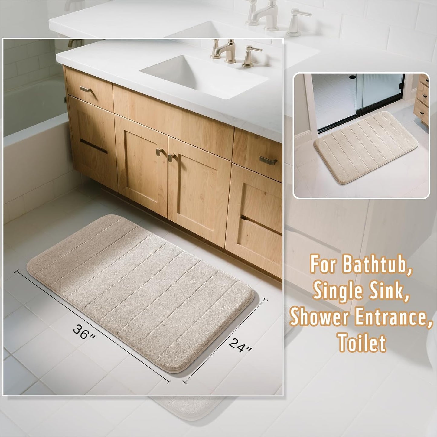 Yimobra Large Bath Mat 36"x24", Super Soft Quick Dry Memory Foam Bathroom Rug, Water Absorbent, Non Slip Backing Machine Washable for Tub Shower, Thick Comfort Support, Beige