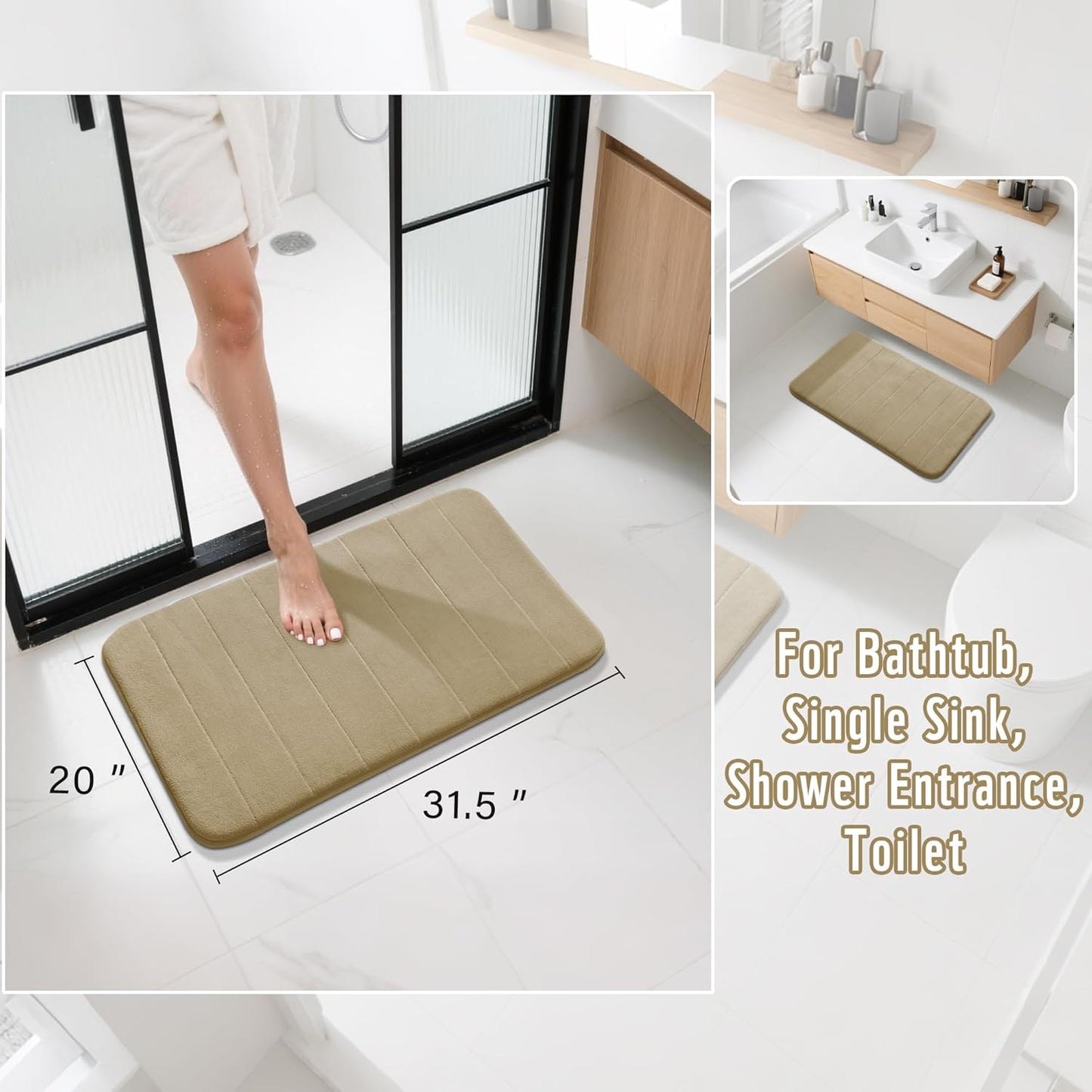 Yimobra Memory Foam Bath Mat, Super Soft Absorbent Bathroom Rug Non Slip 31.5x20 Inch, Quick Dry, Machine Washable Floor Carpet for Tub Shower, Home Decor Accessories, Pale Khaki