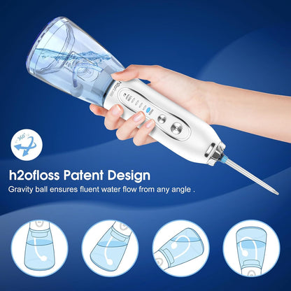 H2ofloss Water Dental Flosser Portable Dental Oral Irrigator with 5 Modes, 6 Replaceable Jet Tips, Rechargeable IPX7 Waterproof Teeth Cleaner for Home and Travel -300ml Detachable Reservoir (HF-6)