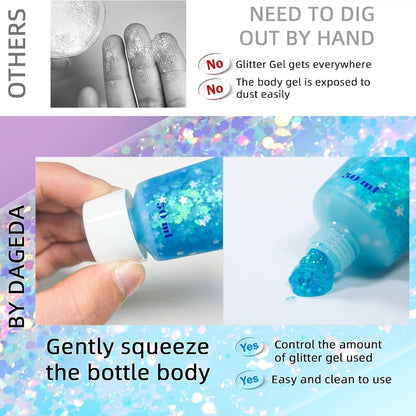DAGEDA Body Glitter Gel, Face Glitters Body Gel Sequins Shimmer Liquid Eyeshadow, Chunky Glitter for Face Hair Nails, Holographic Cosmetic Laser Powder Festival Glitter Makeup 1.7oz (Lake Blue)