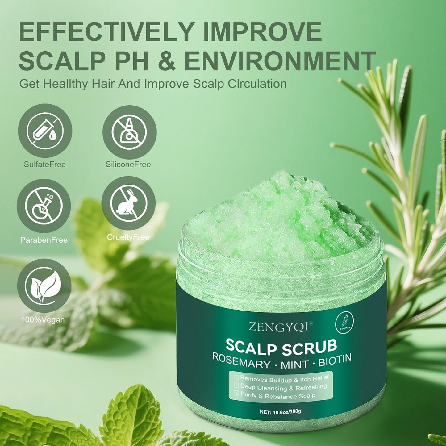 Scalp Scrub, Rosemary & Mint Oil & Biotin Scalp Exfoliator Scrub Shampoo with Silicone Cleansing Massager, Hair Treatment for Itchy Scalp, Dandruff & Buildup Removal & Thick and Strong Hair Growth