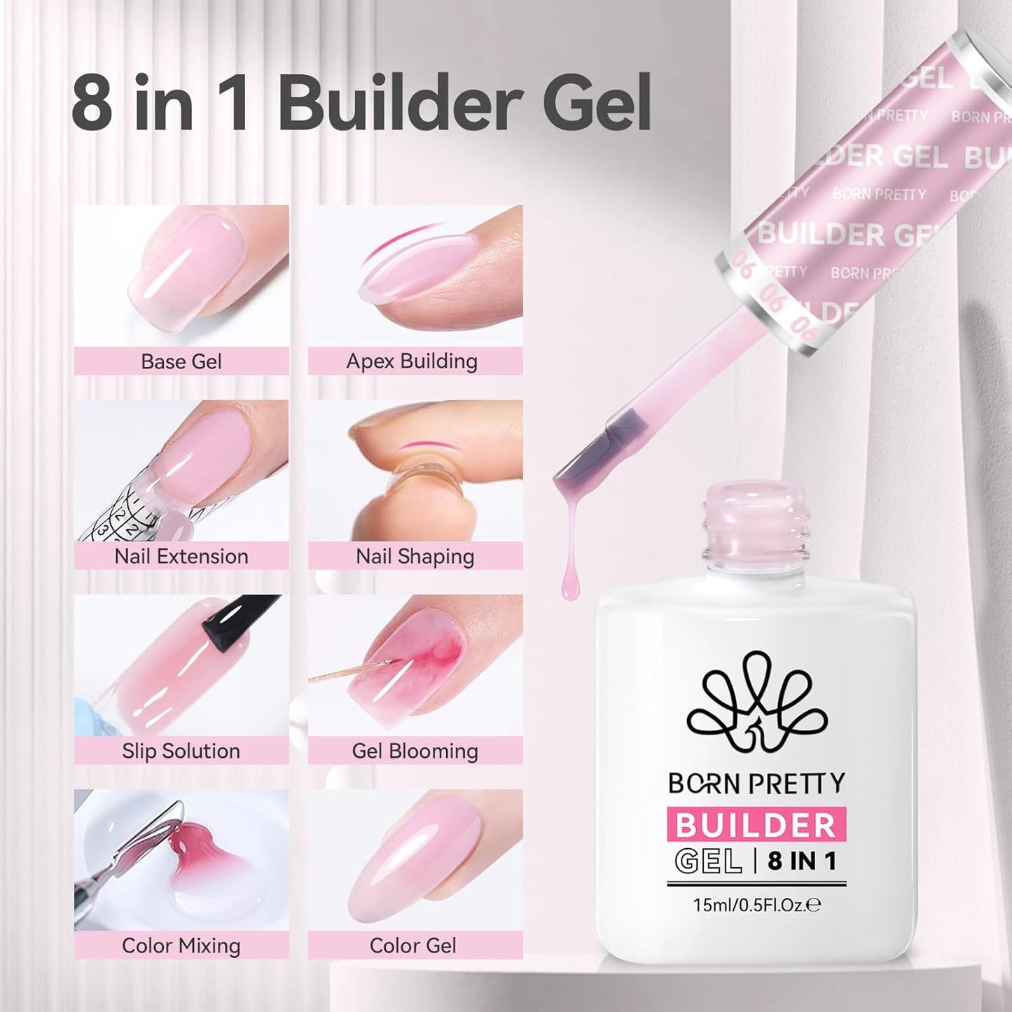 BORN PRETTY Builder Gel for Nails, 8-in-1 Milky Pink Clear Builder Nail Gel for Nail Apex and Gel Extension Strengthener, Nail GLue Gel Hard Gel Base Rhinestone Nail Glue Gel in a Bottle 15ml