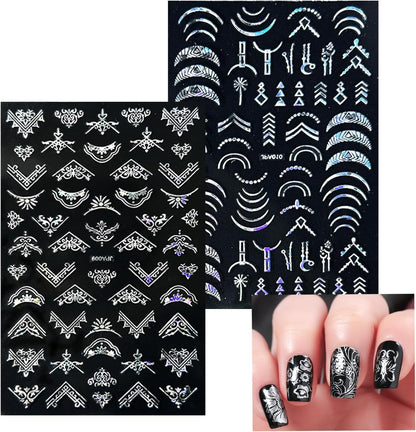 10 Sheets Flower Nail Stickers Silver 3D Self-Adhesive Leaf Art Designs Holographic Laser Manicure Accessories, Style6