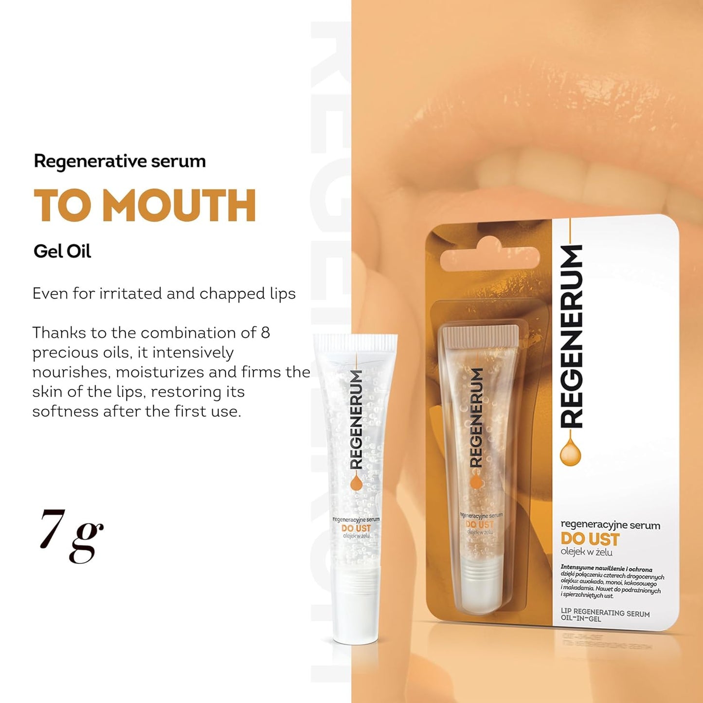 Regenerative Lip Serum Gel Oil - Intensive Hydration and Nourishment for Dry, Chapped Skin, 4 Precious Oils Blend - 8ml