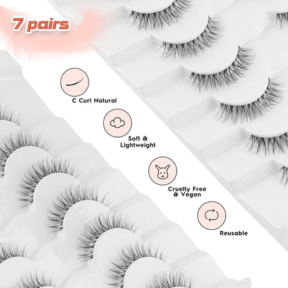Natural Lashes False Eyelashes 12 MM Short Lashes WIspy 3D Volume Fake Eyelashes Pack C Curl Soft Eye Lash with Thin Cotton Band 7 Pair False Lashes Siligli