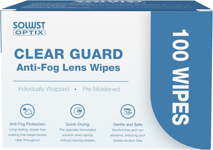 Optix Clear Guard Anti Fog Lens Wipes - 100 Pre-Moistened, Individually Wrapped Wipes for Eyeglasses, Camera Lenses, Sunglasses, Face Shields, Visors, Goggles, and Other Surfaces