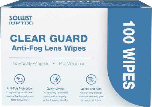 Optix Clear Guard Anti Fog Lens Wipes - 100 Pre-Moistened, Individually Wrapped Wipes for Eyeglasses, Camera Lenses, Sunglasses, Face Shields, Visors, Goggles, and Other Surfaces