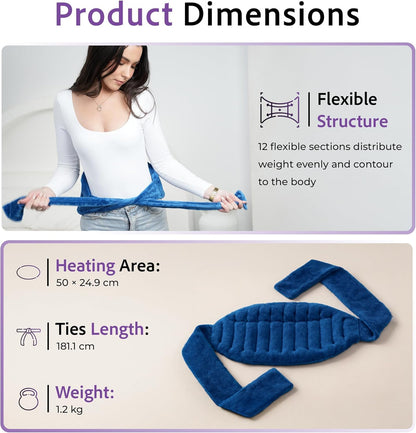 Microwavable Heating Pad for Back Pain Relief – Moist Heat Pack for Neck & Shoulders – Microwave Wheat Bag with Long Ties – Reusable Hot Cold Therapy Wrap for Cramps, Stress & Muscle Relaxation XL 71”