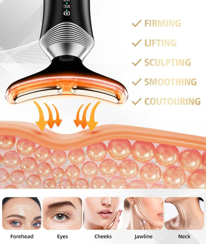 9-in-1 Red-Light-Therapy-for-Face-and-Neck, Portable Facial Massager Tool with Adjustable Vibration & Thermals for Wrinkles, Double Chin, Black