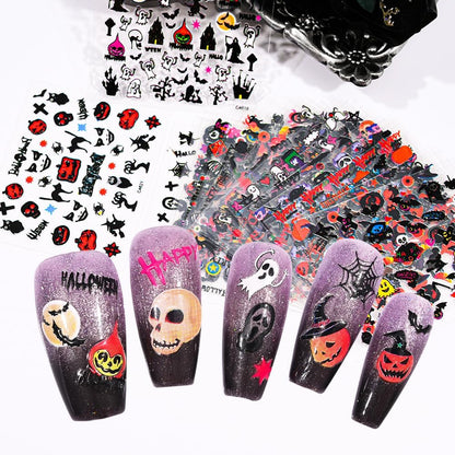 30 Sheets Halloween Nail Stickers Pumpkin Ghost Face Nail Charms Decals 3D Self Adhesive Spider Web Cat Bat Manicure Art Sticker for Acrylic Nails DIY Decorations