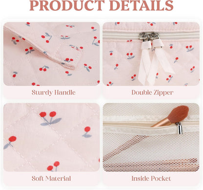 Prite Large Cosmetic Bags for Women Cute Makeup Bag Floral Coquette Aesthetic Toiletry Bag Travel Make Up Organizer Bag (Cherry)