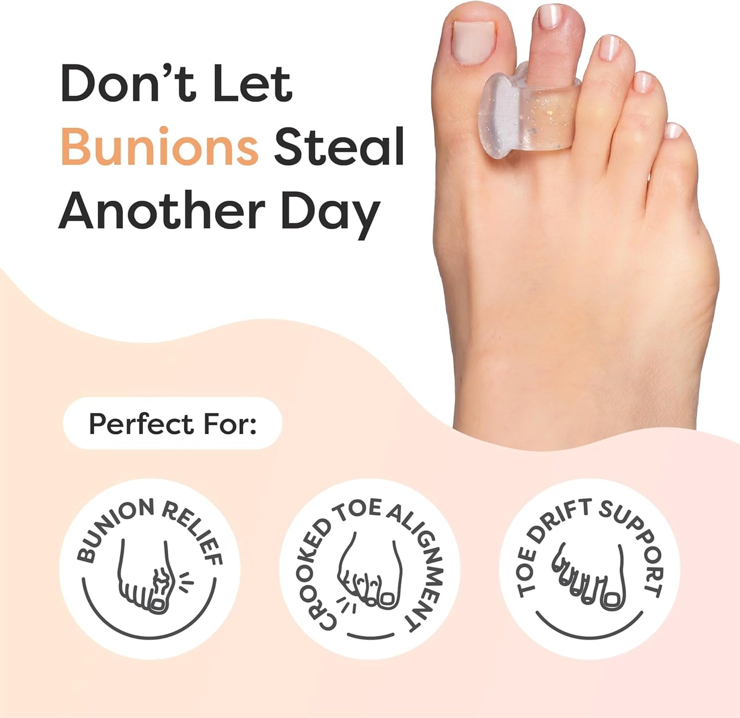 ZenToes Gel Toe Separators for Overlapping Toes, Bunions, Big Toe Alignment, Corrector and Spacer - 4 Pack (Glitter)