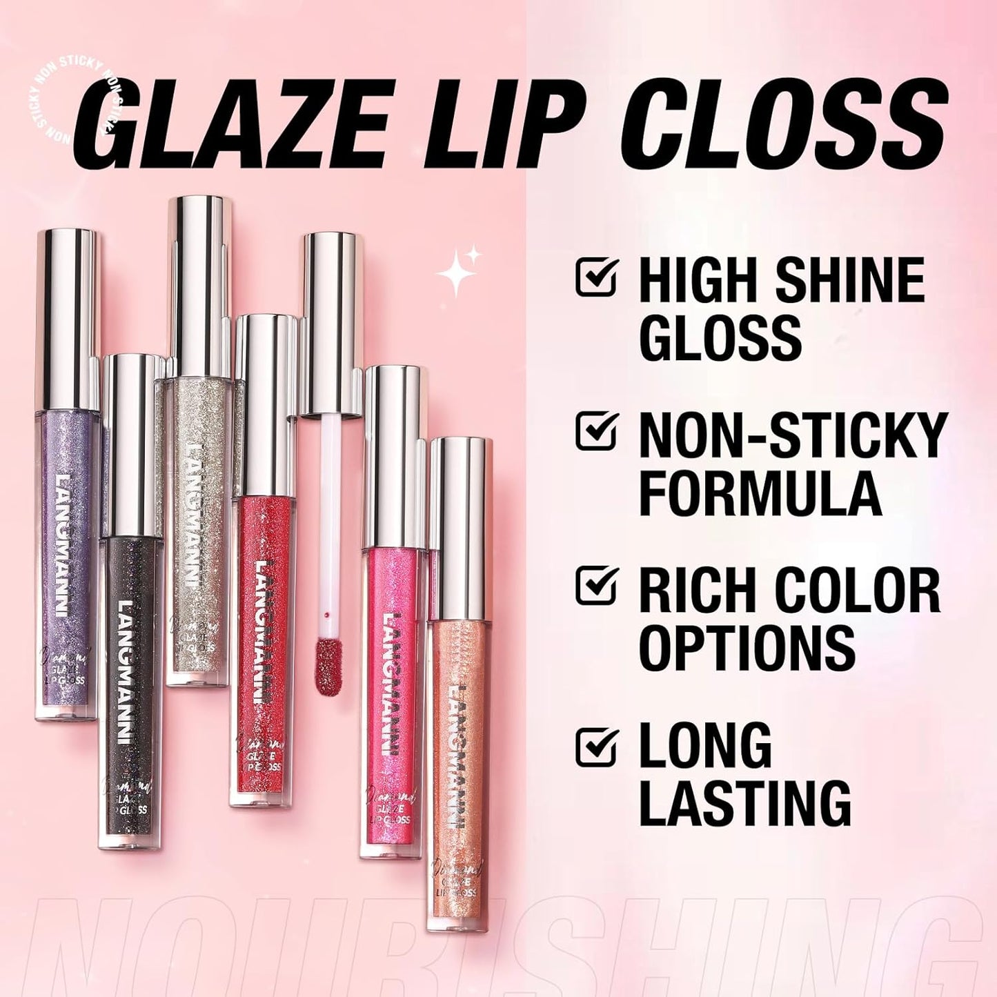 LANGMANNI 2 Colors Diamond Glitter Lip Gloss Set,Long Lasting High Shine Shimmer Liquid Lipstick Set,Hydrating,Moisturizing Lip Gloss Kit Gift Makeup For Girls(#05+06)