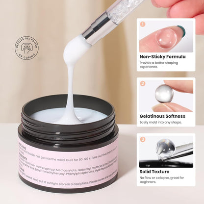 Beetles Solid Builder Nail Gel 1 oz White 3D Sculpting Gel for Nail Art Non-Sticky Extension with Rhinestones & Pearls and Rhinestones Glue Double-Head Pen DIY Salon Home for Women
