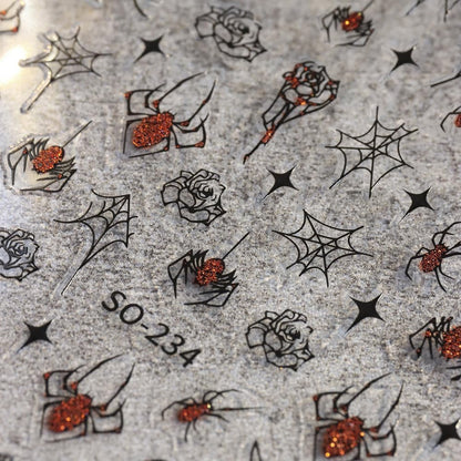 6Sheets Halloween Nail Art Stickers Decals, 3D Spider Nail Sticker Halloween Nail Decoration Self-Adhesive Black Red Silver Glitter Star Spider Web for Nails Stickers DIY Manicure Art Decoration