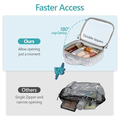 PACKISM TSA Approved Toiletry Bag - 3 Pack Ruched Textured Clear Makeup Bag, Metallic Silver, with 180° Large Opening and Supporting Frame, Perfect for Travel Essentials, Thick No Smell