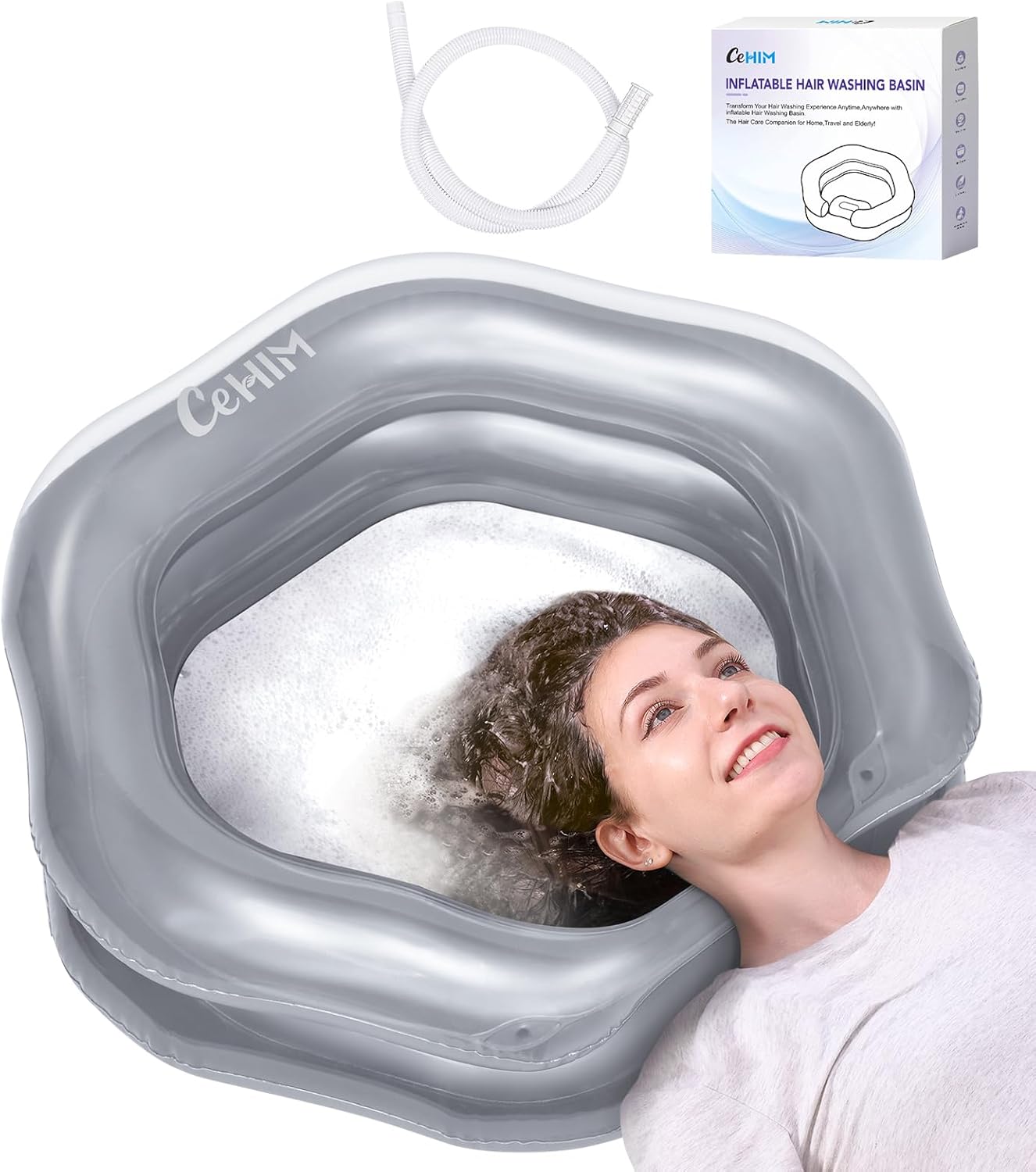Inflatable Shampoo Basin for Bedridden, Elderly & Disabled - Petal-Shape Large Size, 360° Neck Support, Central Drain Hole with Pull Ring | Leak-Proof PVC Portable Hair Washing Bowl (Silver)