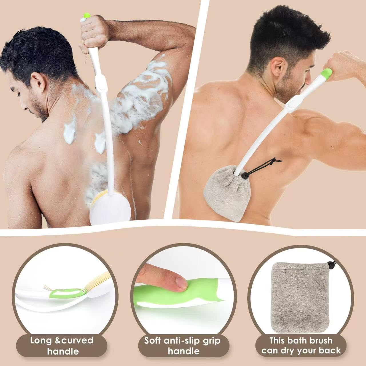 Back Scrubber Bath Brush for Shower Curved Long Handle, Foldable Handled Shower Body Brush Whith Absorbent Microfiber Bag Can Quickly Dry Your Back