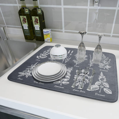 Flower Herbs Dish Drying Mat Wild Plant Dish Rack Mat with Hanging Loop Fast Dry Dish Drainer Pad for Kitchen Counter Sink 18x24 Inch