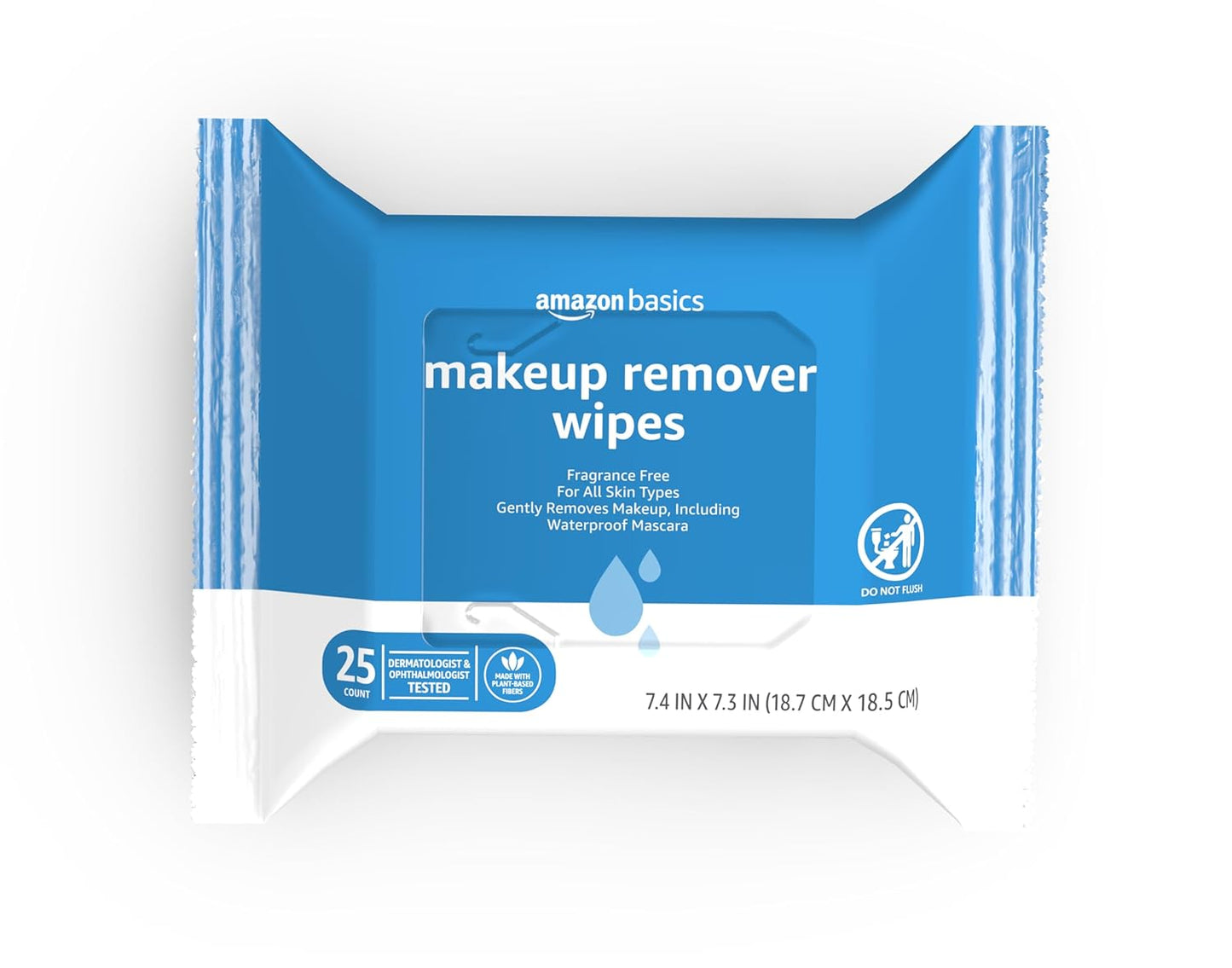 Amazon Basics Makeup Remover Wipes, Gentle Cleansing, Dermatologist Tested, Fragrance Free, Plant Based, Alcohol Free, Removes Waterproof Mascara, 25 Count Per Pack, Pack of 1 (Previously Solimo)