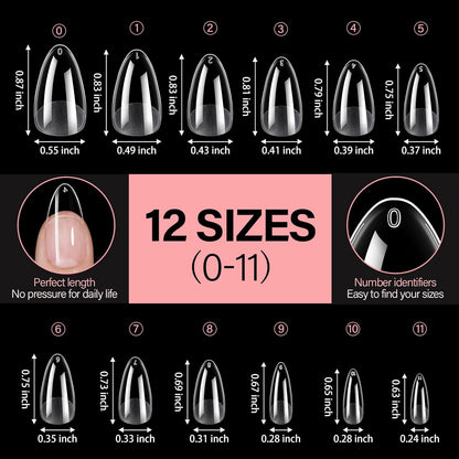 AILLSA Medium Almond Nail Tips Gel Half Matte Acrylic Nail Tips Clear Gelly Full Cover Pre-Filed Press on Nail tips Fake Nails For Extentions Manicure Salon Home DIY 216PCS 12 Sizes