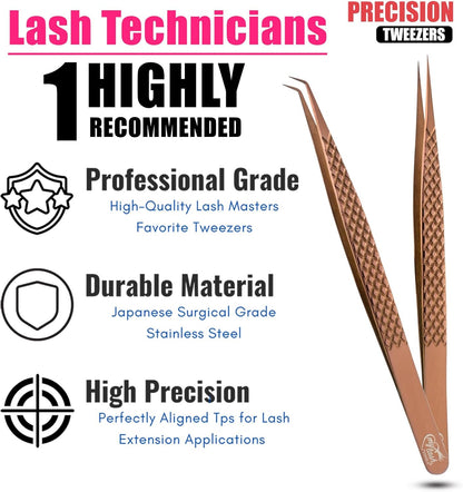 2pcs Curved & Straight Isolation Tweezers for Eyelash Extensions – 14cm Stainless Steel, Copper color Tweezer Set, Best for Classic & Individual Lashes, Professional Pinzas para Pestaña