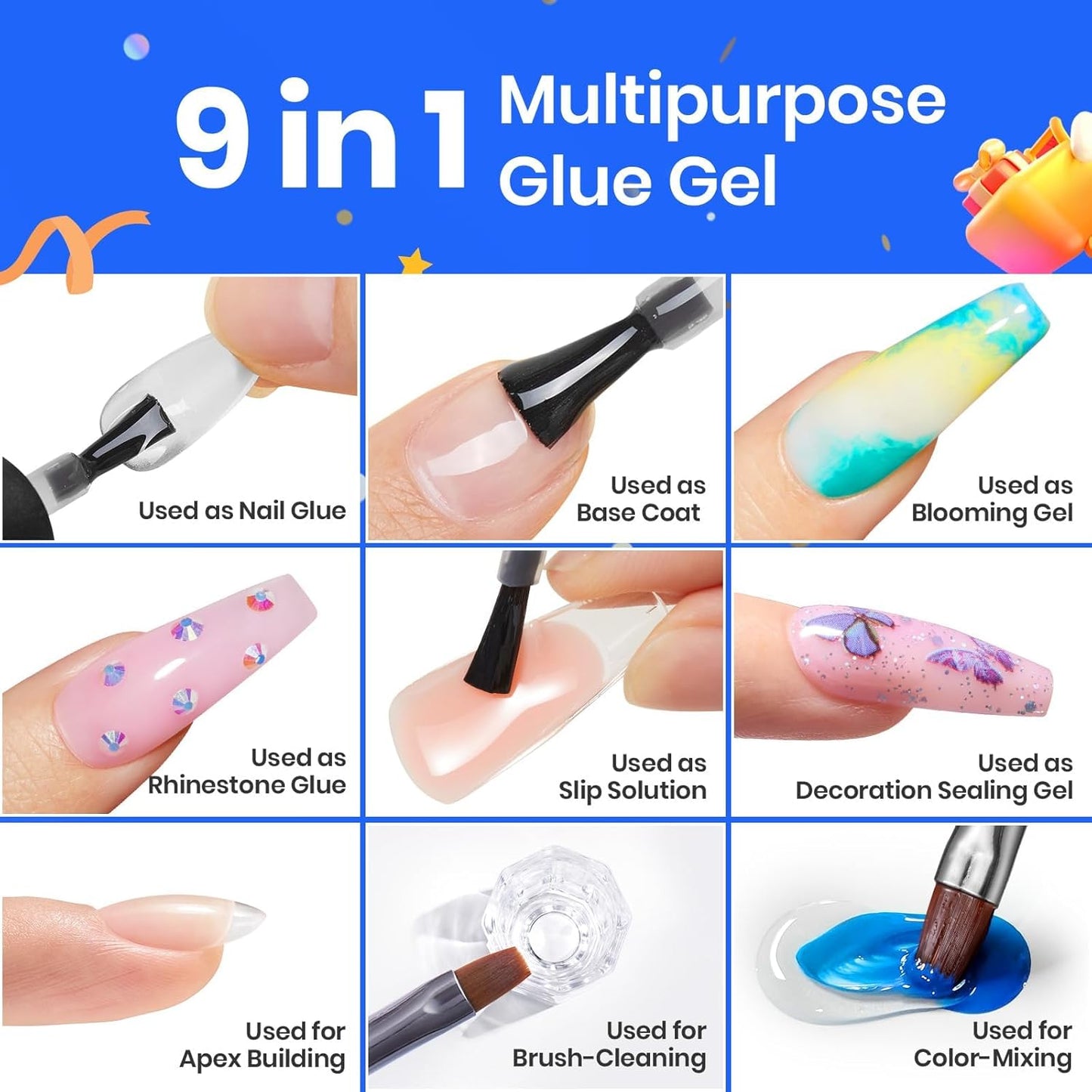Beetles 15ml Gel Nail Glue 9 in 1 for Acrylic Nails Tips and Clear Press on Nails, Long Lasting Extension Glue, Base Coat, Blooming Art Gel, Fall Halloween Nails, U V Light Cured