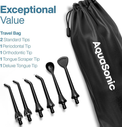 AquaSonic Aqua Flosser PRO - Rechargeable Cordless Water Flosser for Teeth, Gums & Tongue - Modern Design, 300ml Large Tank, 6 Jet Tips with Deluxe Tongue Nozzle, 3 Modes, Waterproof Black