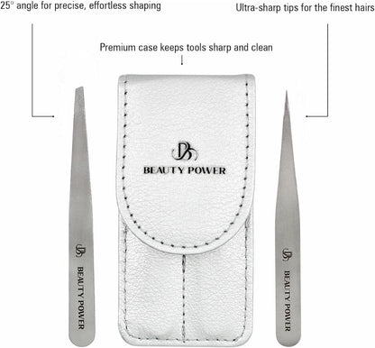 Professional Tweezers Set – Slant & Point, Ultra Precision German Stainless Steel Tweezers for Eyebrows, Chin, Ingrown Hair & Facial Grooming – Lightweight with Travel Case (Matte Grey)