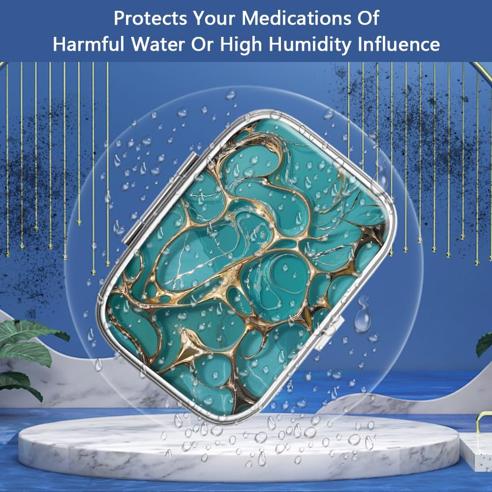 Pill Box 2 Compartment Small Pill Case,Portable for Pocket or Purse Pill Organizer Pill Container Holder to Hold Vitamins, Medication, Fish Oil and Supplements(Turquoise Green Marble)