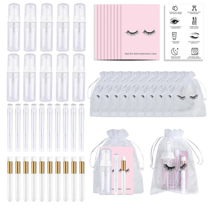 50PCS Lash Shampoo Bottles Brushes Set, Empty Lash Shampoo Bottle, Lash Cleaning Brush, Eyelash Extension Tube Brush, Instructions Cards, Aftercare Bags for Lash Business Clients (50pcs in white)