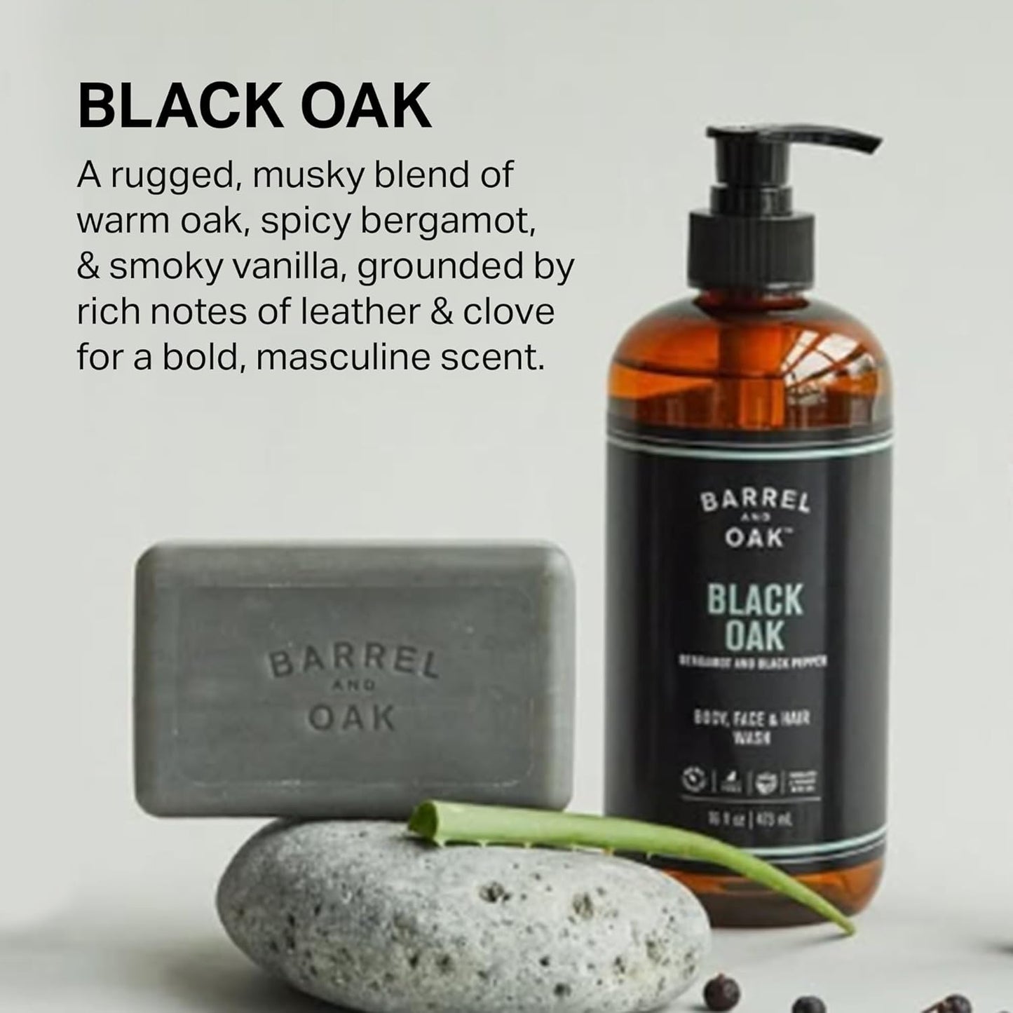 Barrel & Oak All-in-One Wash for Face, Hair, & Body, Vegan & Hydrating Face, Shampoo and Body Wash for Men, Grooming Kit Gifts for Men, Black Oak, 16 oz
