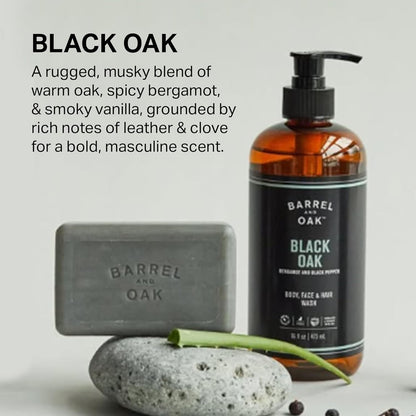 Barrel & Oak All-in-One Wash for Face, Hair, & Body, Vegan & Hydrating Face, Shampoo and Body Wash for Men, Grooming Kit Gifts for Men, Black Oak, 16 oz