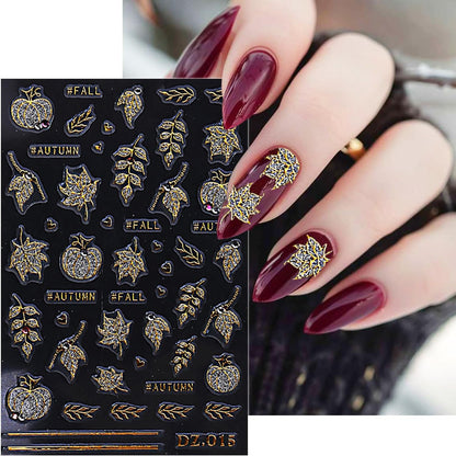 2 Sheets Fall Nail Stickers for Nail Art Glitter Gold Leaf Nail Art Stickers Embossed Autumn Pumpkin Nail Decals 5D Self-Adhesive Diamond Nail Design Sticker for Women Thanksgiving Nails Decoration