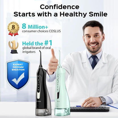 COSLUS 2 Pack Cordless Water Flosser with Elegant Packaging for Teeth, Braces, Gums Care - Easy to Use, Rechargeable, Waterproof, Portable for Travel, BPA-Free, Black & Green, C20(F5020E)