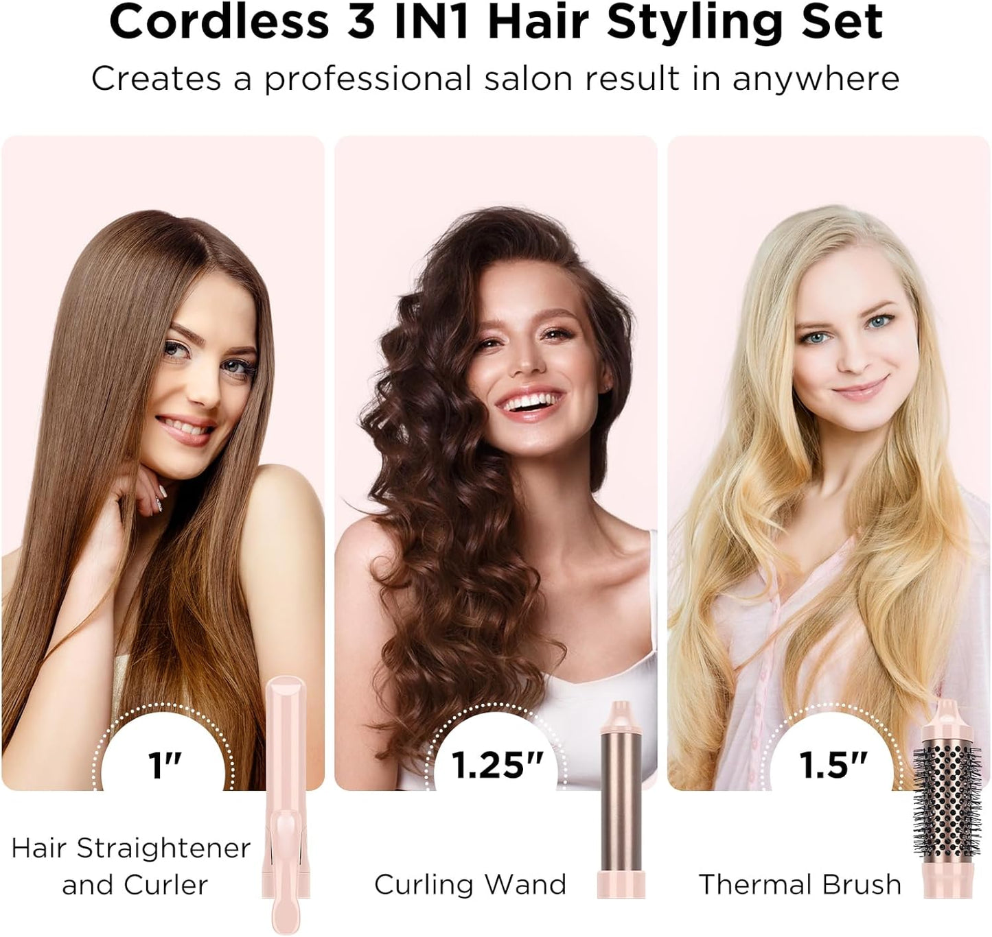 Cordless Hair Straightener and Curler, IG INGLAM 3 in 1 Detachable Hair Styling Set with 1'' Flat Iron, 1.25" Curling Wand, 1.5" Thermal Brush, Rechargeable Portable for Travel, Gift for Women