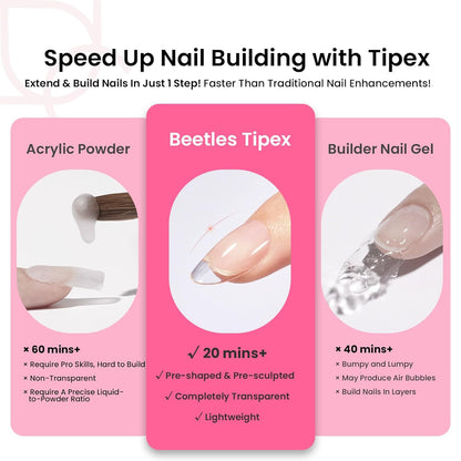 Beetles Tipex Instant Apex Nail Tips Kit, Oval Short 224Pcs 16 Sizes Pre-Building & Pre-Etched Thicker Acrylic Nails False Nail Extension with Tipex Uv Nail Glue Mini Nail Lamp