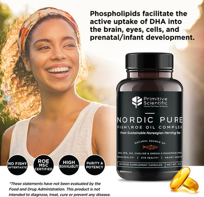 Nordic Pure Fish Roe Oil Complex (60 Fish Oil Capsules) for Brain, Immunity & Vision - Heart Supplement w/EPA, DHA, Vitamin D3, Choline - Fish Oil Omega 3 Supplements