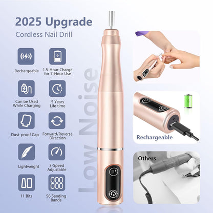 Cordless Nail Drill Electric Rechargeable File Kit, Professional Efile Acrylic Gel Nail Polish Remover Pedicure Manicure Machine Portable Set with 11 Bits 56 Sanding Bands for Salon Home (Gold)