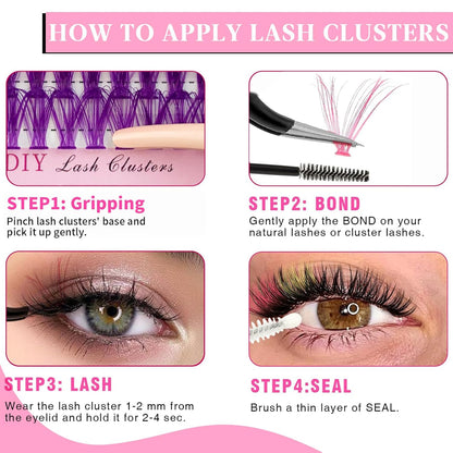 Eyelash Extension Kit Colored Lash Clusters Lash Extension Kit 6 Colors Rainbow Lash Clusters with Bond and Seal and Applicator Colorful Lash Extensions 14mm&16mm D Curl Lashes Cluster by Yaiseiko