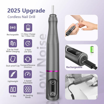 Cordless Nail Drill Electric Rechargeable File Kit, Professional Efile Acrylic Gel Nail Polish Remover Pedicure Manicure Machine Portable Set with 11 Bits 56 Sanding Bands for Salon Home Gray