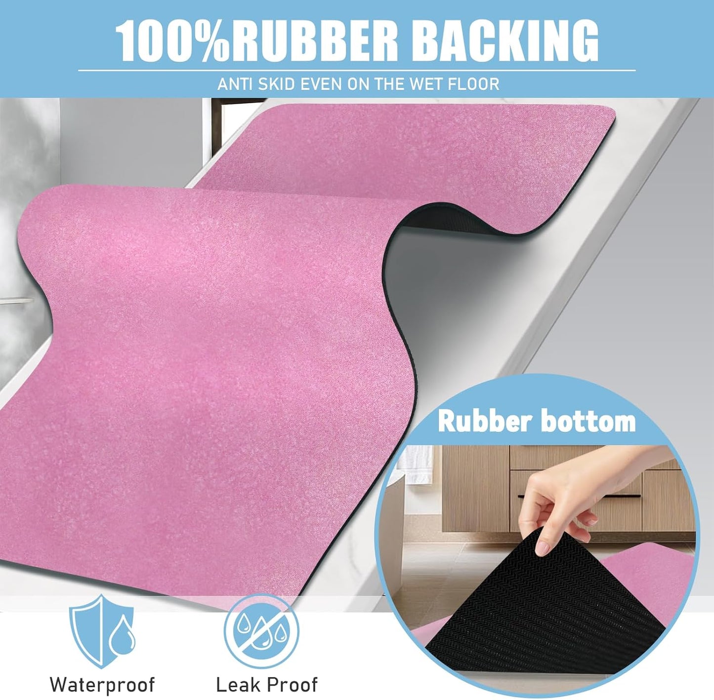 Diatomaceous Earth Bath mat Bathroom Rugs Super Absorbent Quick Dry Non Slip Bath Mat Thin Bathroom Floor Mats Fit Under Door-Shower Rug for in Front of Bathtub Shower, Pink, 15.7"x35.4"