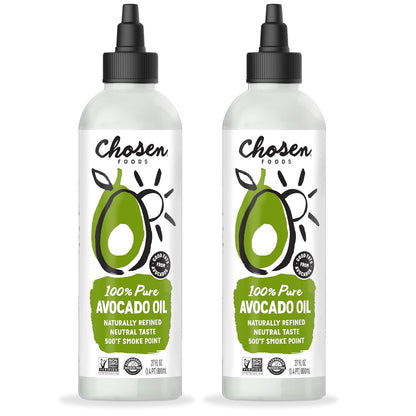Chosen Foods 100% Pure Avocado Oil Squeeze Bottle 27oz 2-pack - For Drizzling, Sautéing, Roasting, Searing, & Baking-High Smoke Point Cooking Oil - Kosher, Keto Friendly - With Recipe eBook